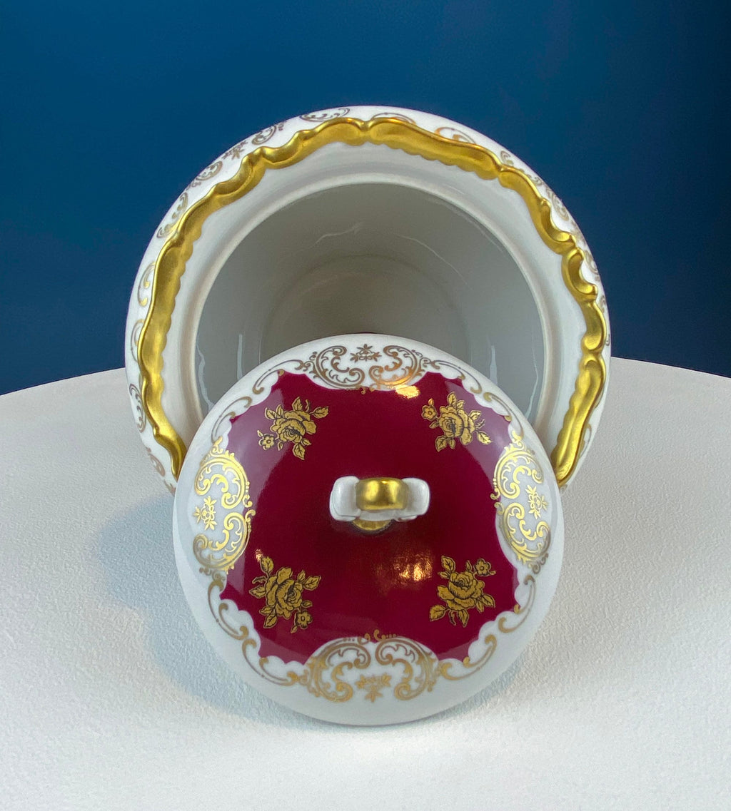Antique Porcelain Burgundy & Gold Footed Bowl with Marble Base – Hand-Painted Roses & Dolphin Feet