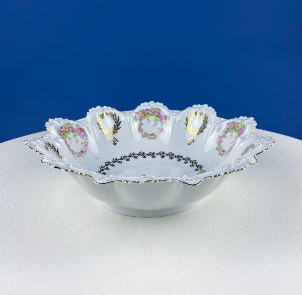 Antique Porcelain Serving Bowl with Scalloped Brim. Gold Laurel Leaf Motif & Rose Garlands. Fine Austrian Porcelain. Kitchen Table Decor.