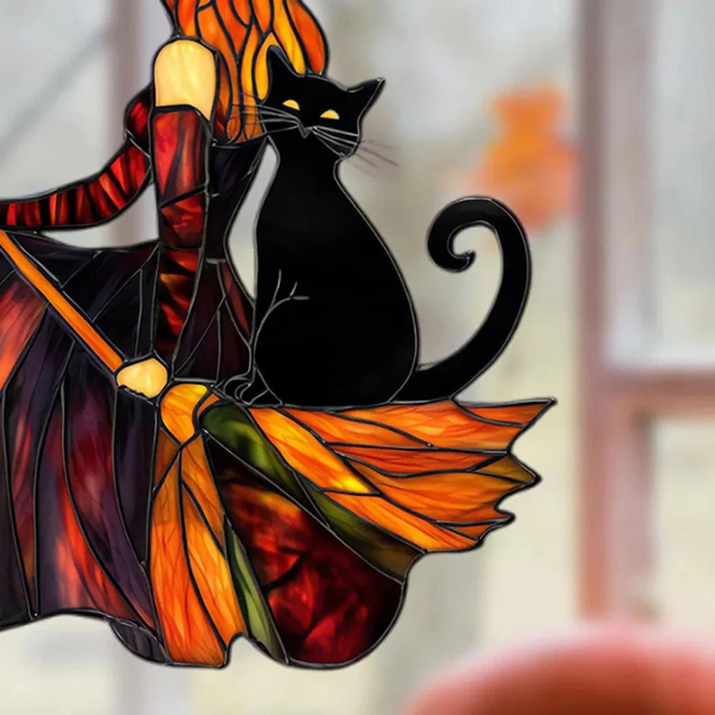 Autumn Witch Black Cat Sun Catcher