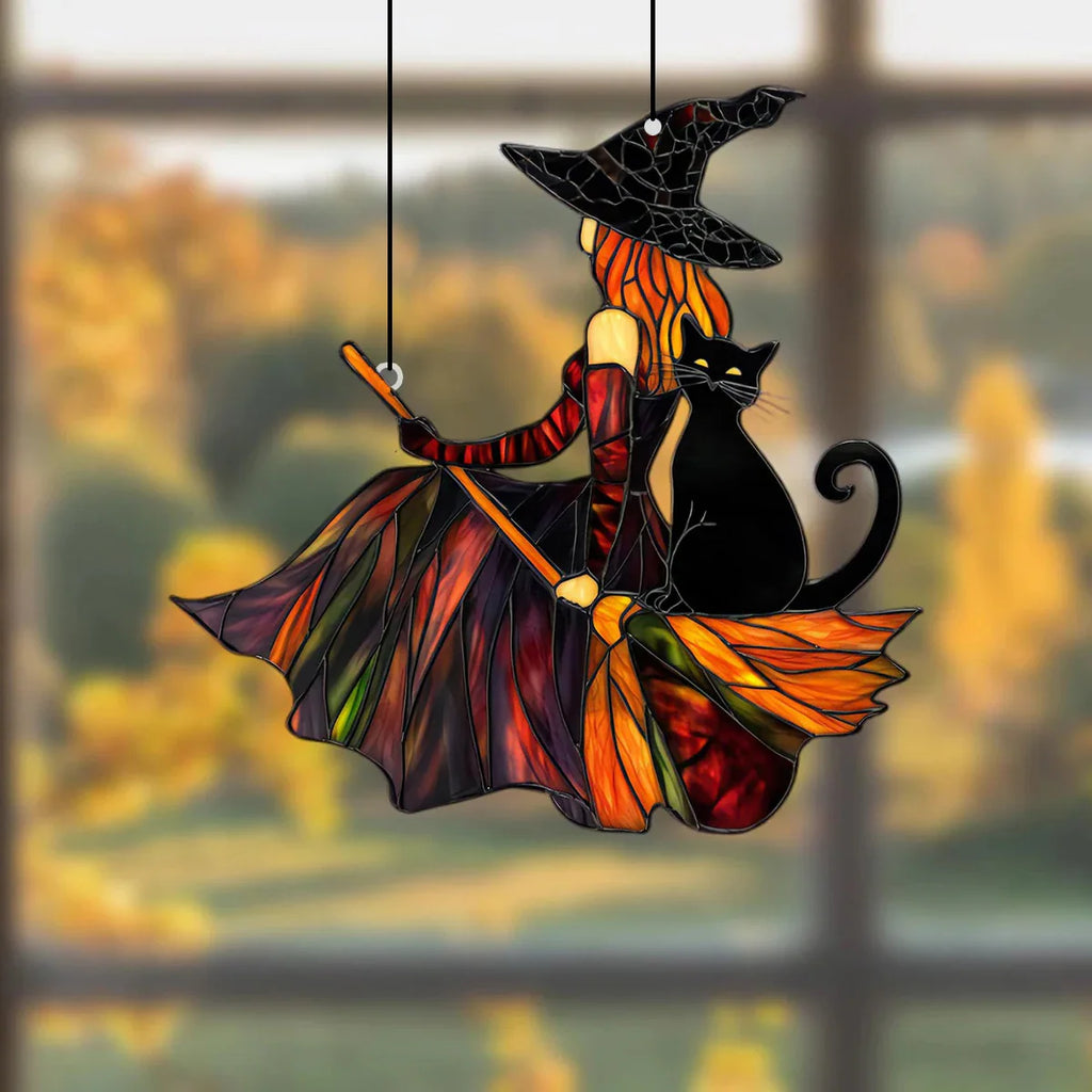 Autumn Witch Black Cat Sun Catcher