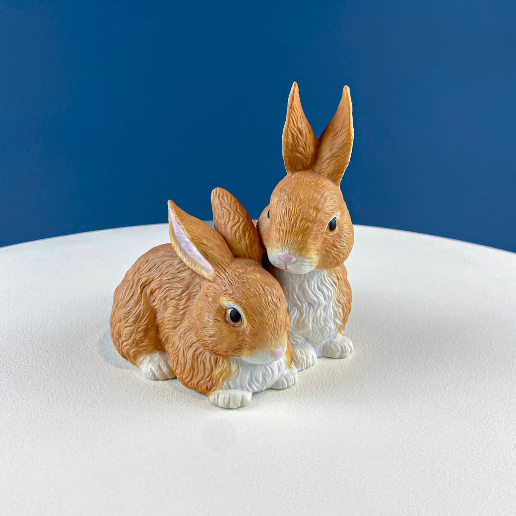 Brown Porcelain Figurine of 2 Snuggling Bunnies. Cute Hand Painted Rabbits Statuette. Gift for Him Her Bunny Collector Kids. Easter Display