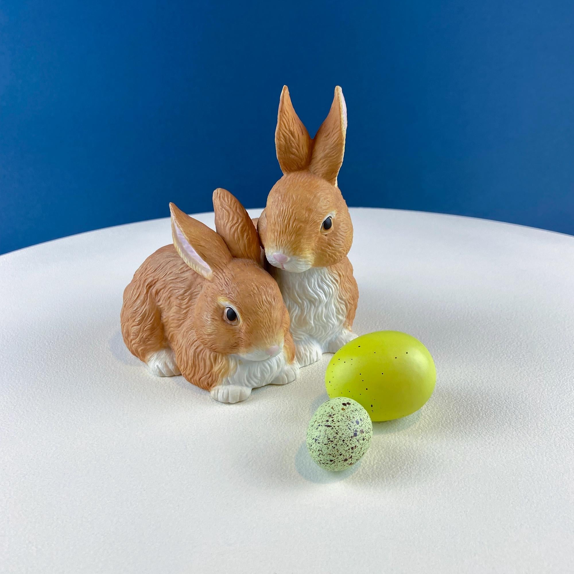 Brown Porcelain Figurine of 2 Snuggling Bunnies. Cute Hand Painted Rabbits Statuette. Gift for Him Her Bunny Collector Kids. Easter Display