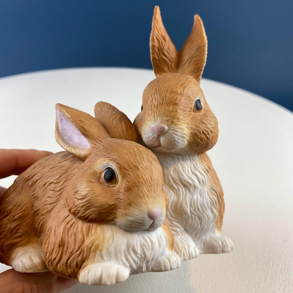 Brown Porcelain Figurine of 2 Snuggling Bunnies. Cute Hand Painted Rabbits Statuette. Gift for Him Her Bunny Collector Kids. Easter Display