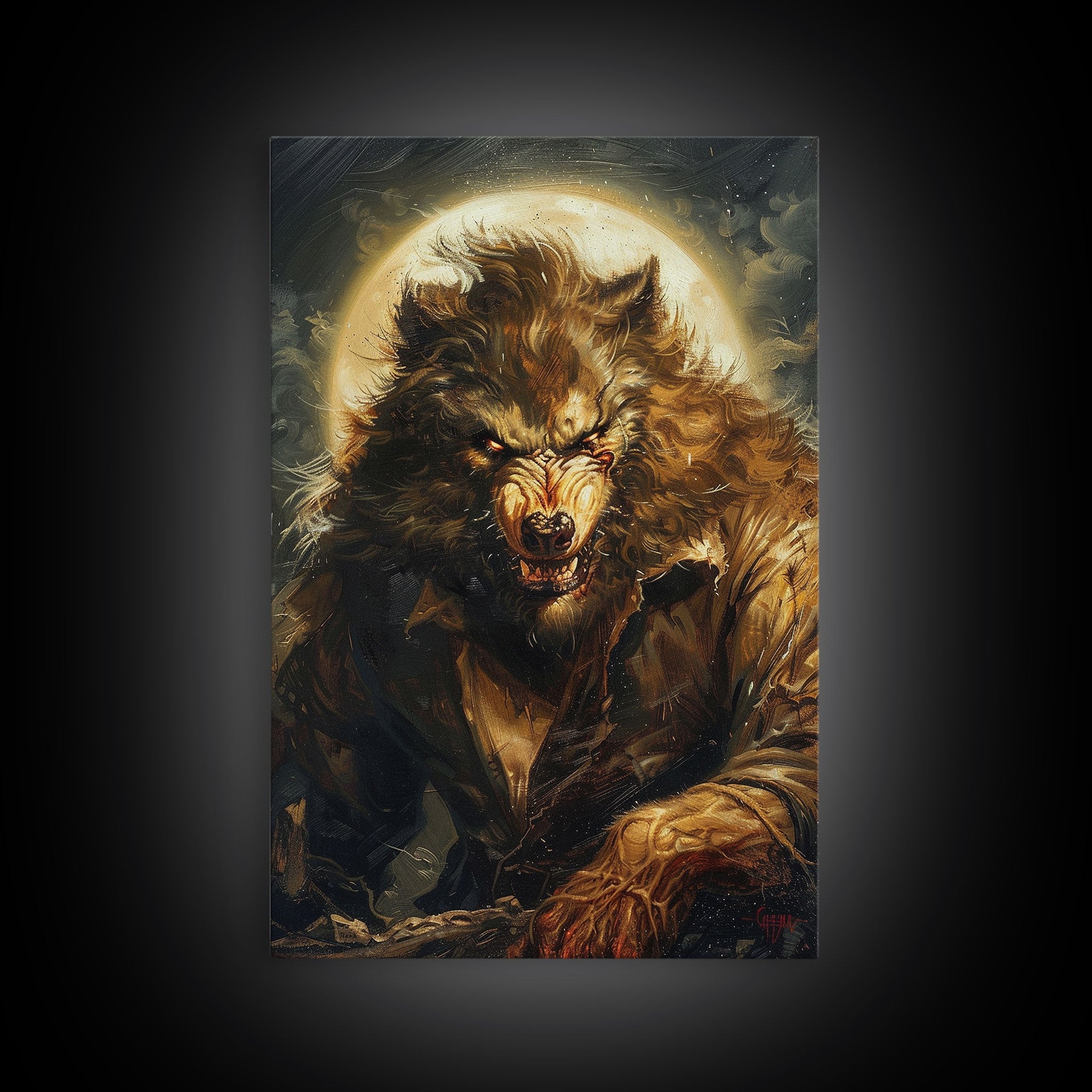 Werewolf Under Full Moon — Framed Halloween Canvas Print