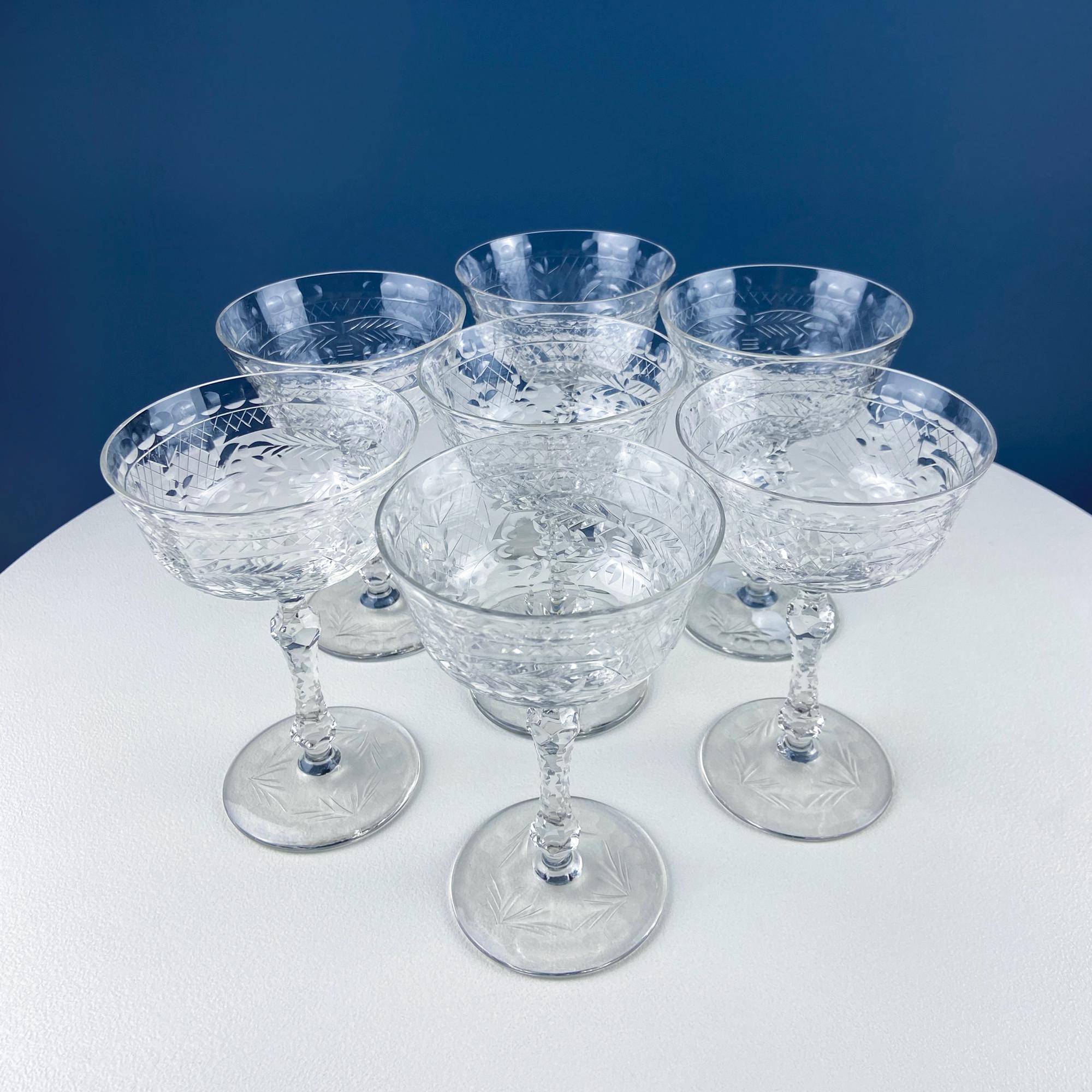 Cut Crystal Champagne Glasses – Pleating & Garland Motif, Set of 8