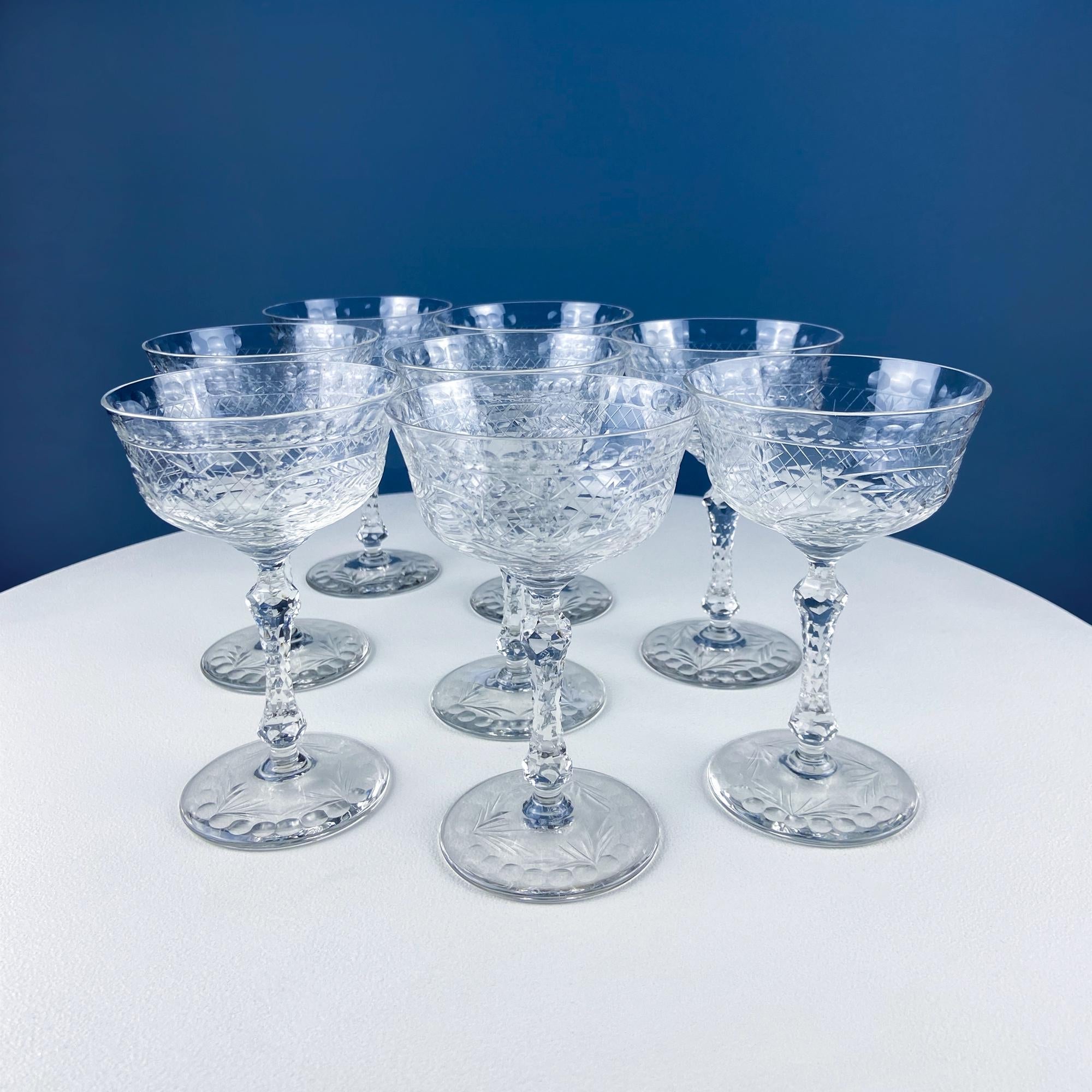 Cut Crystal Champagne Glasses – Pleating & Garland Motif, Set of 8