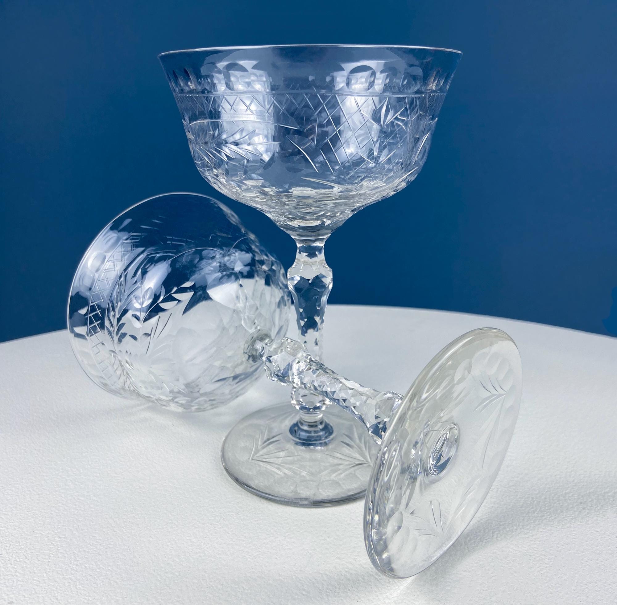 Cut Crystal Champagne Glasses – Pleating & Garland Motif, Set of 8