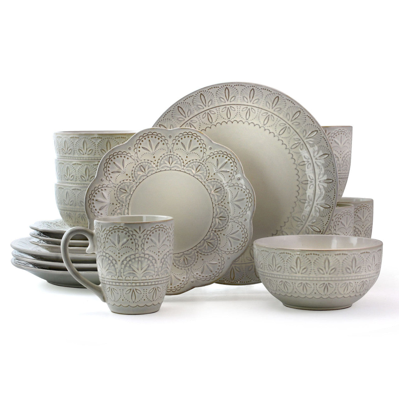 Stoneware Dinnerware Set with White Lace Pattern, Service for 4