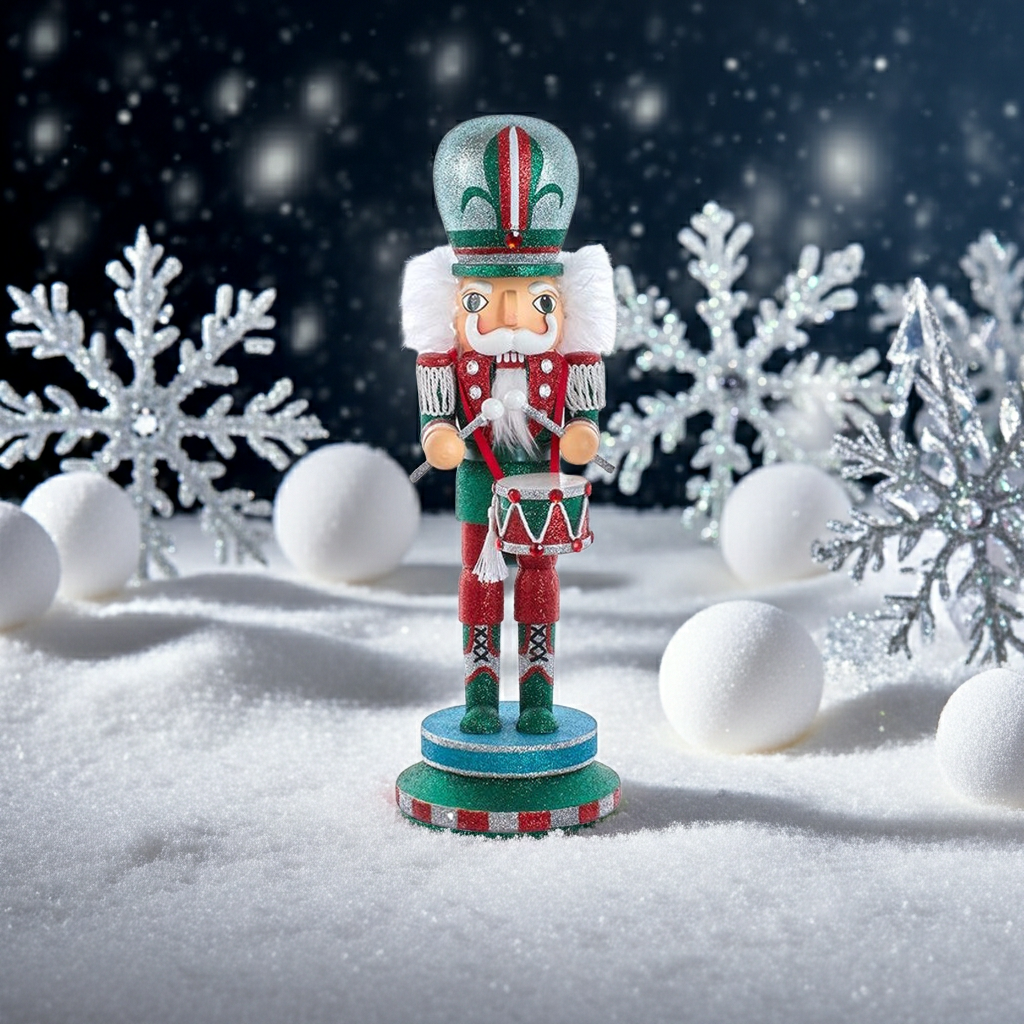 Decorative nutcracker figure in a snowy landscape with snowflakes and trees.