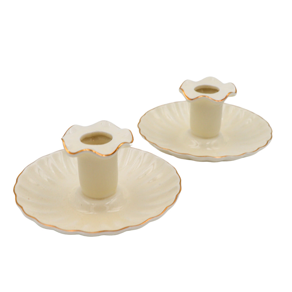 Gilded Cream Ceramic Candle Holder — Fluted Design, Set of 2
