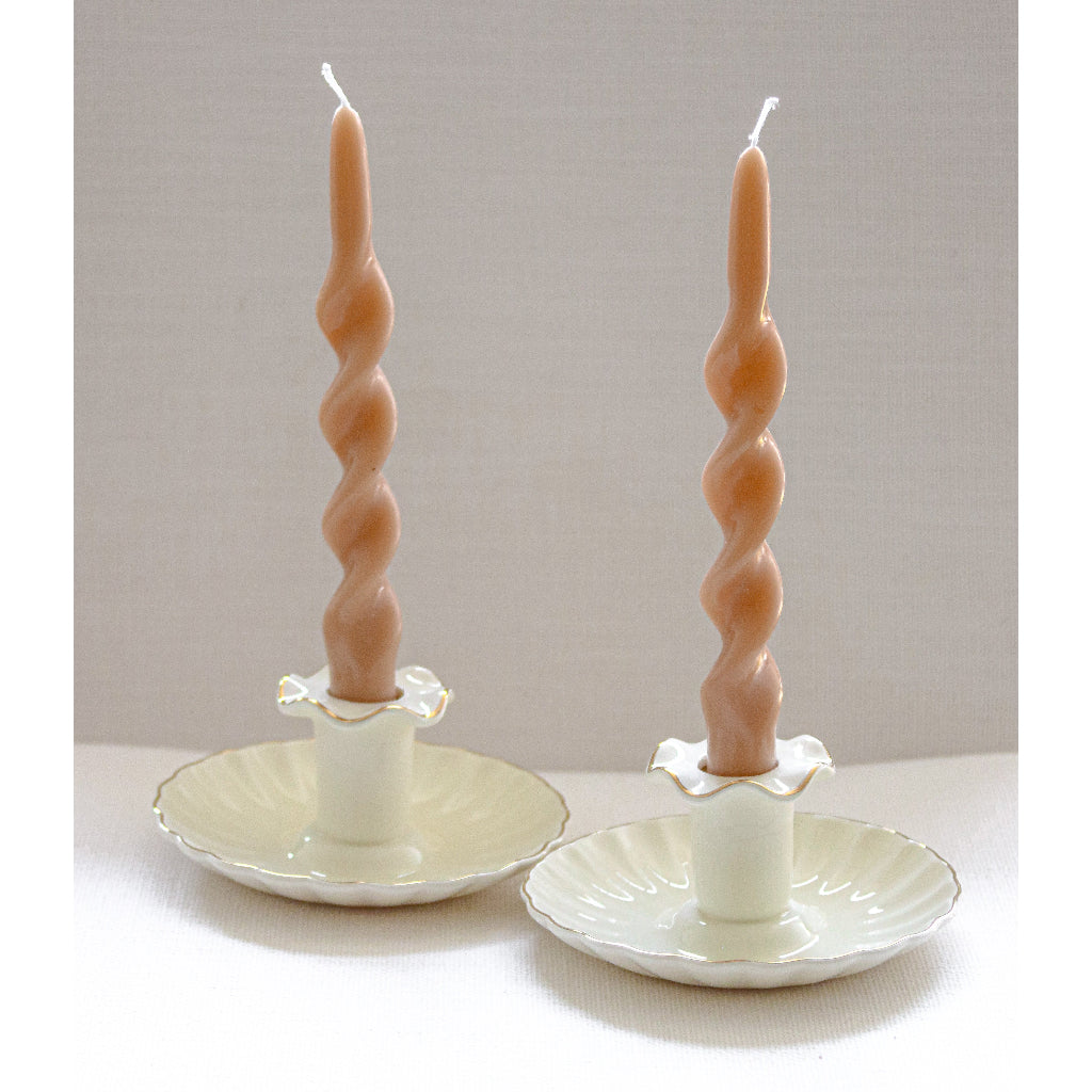 Gilded Cream Ceramic Candle Holder — Fluted Design, Set of 2