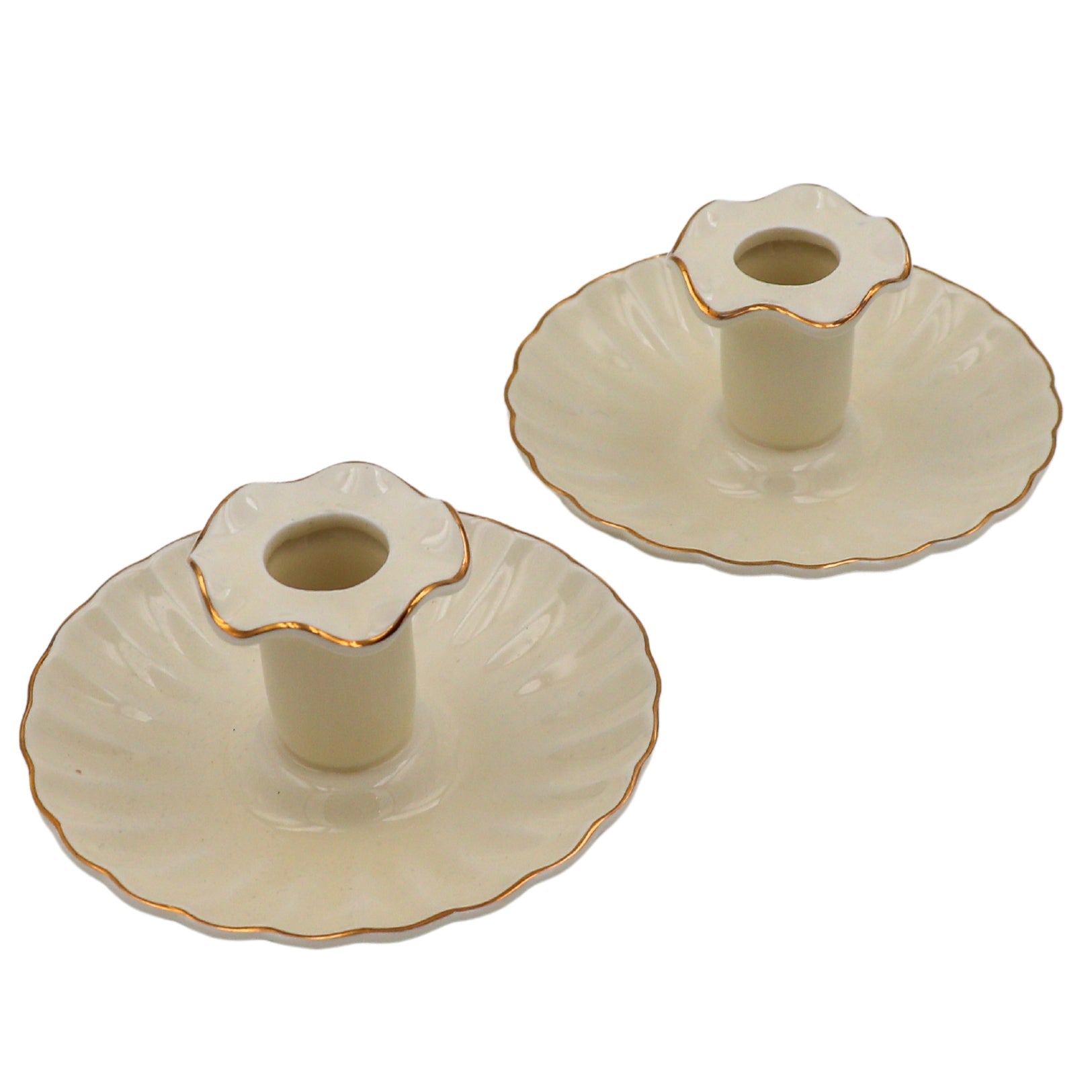 Gilded Cream Ceramic Candle Holder — Fluted Design, Set of 2