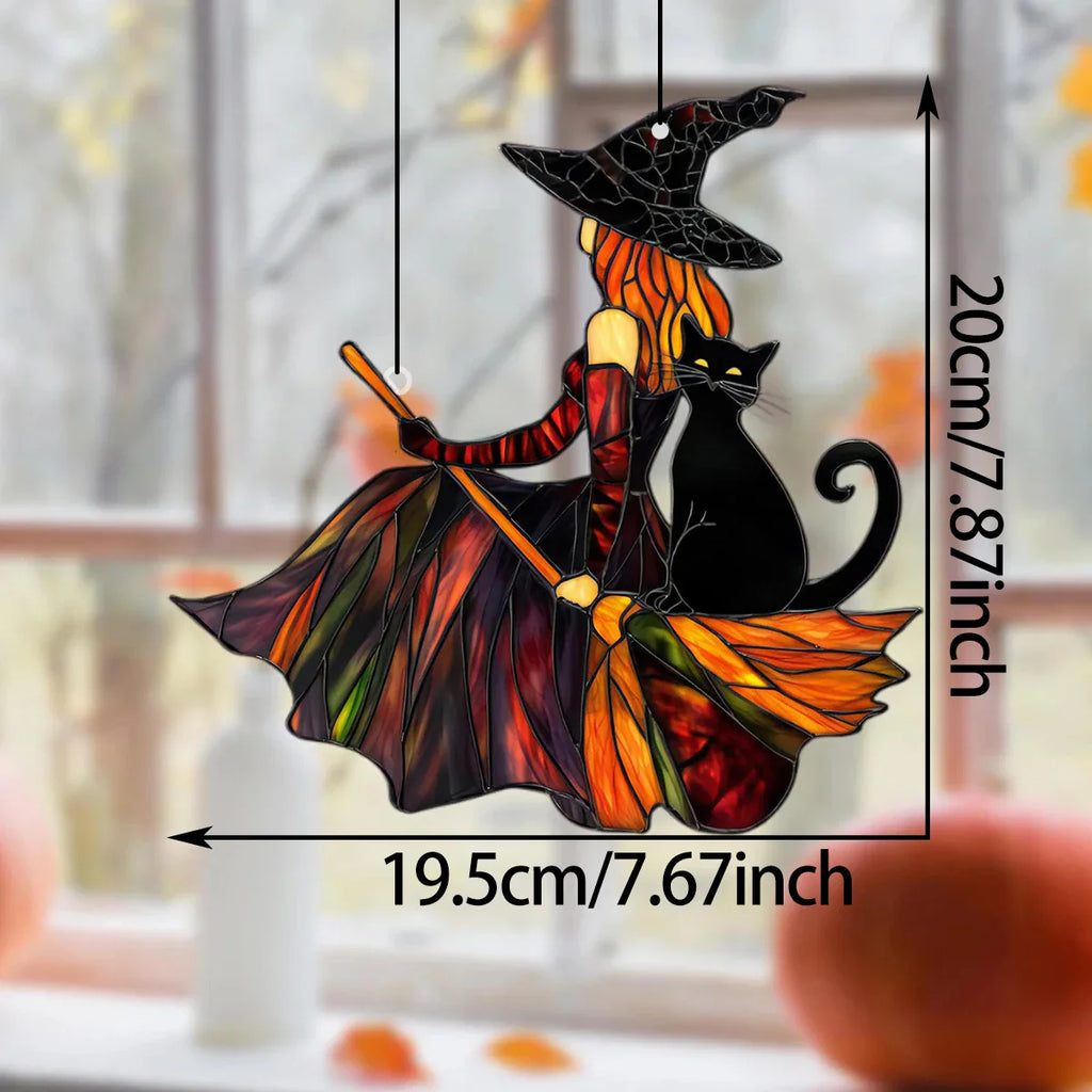 Autumn Witch Black Cat Sun Catcher