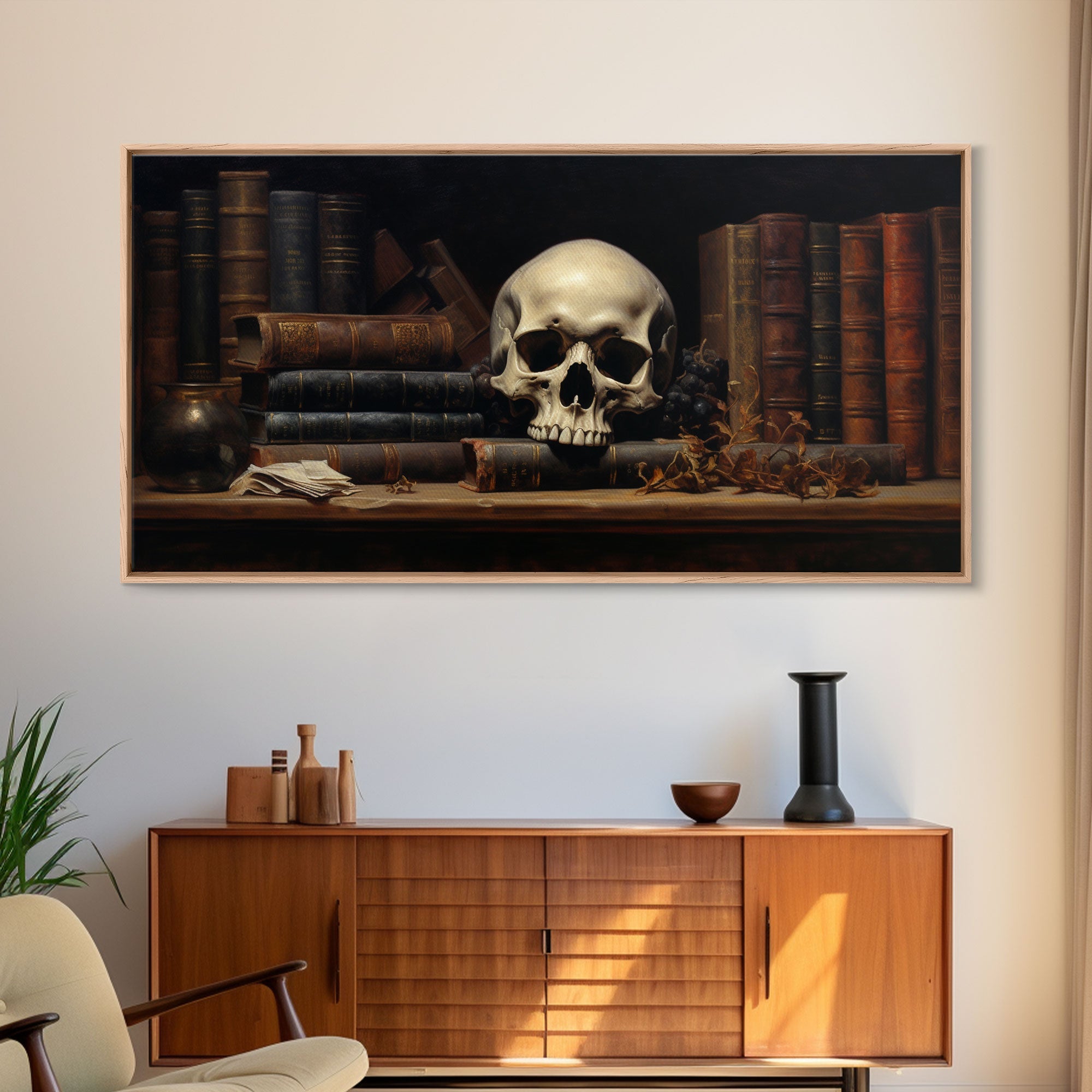 The Skull on the Shelf Framed Canvas Print