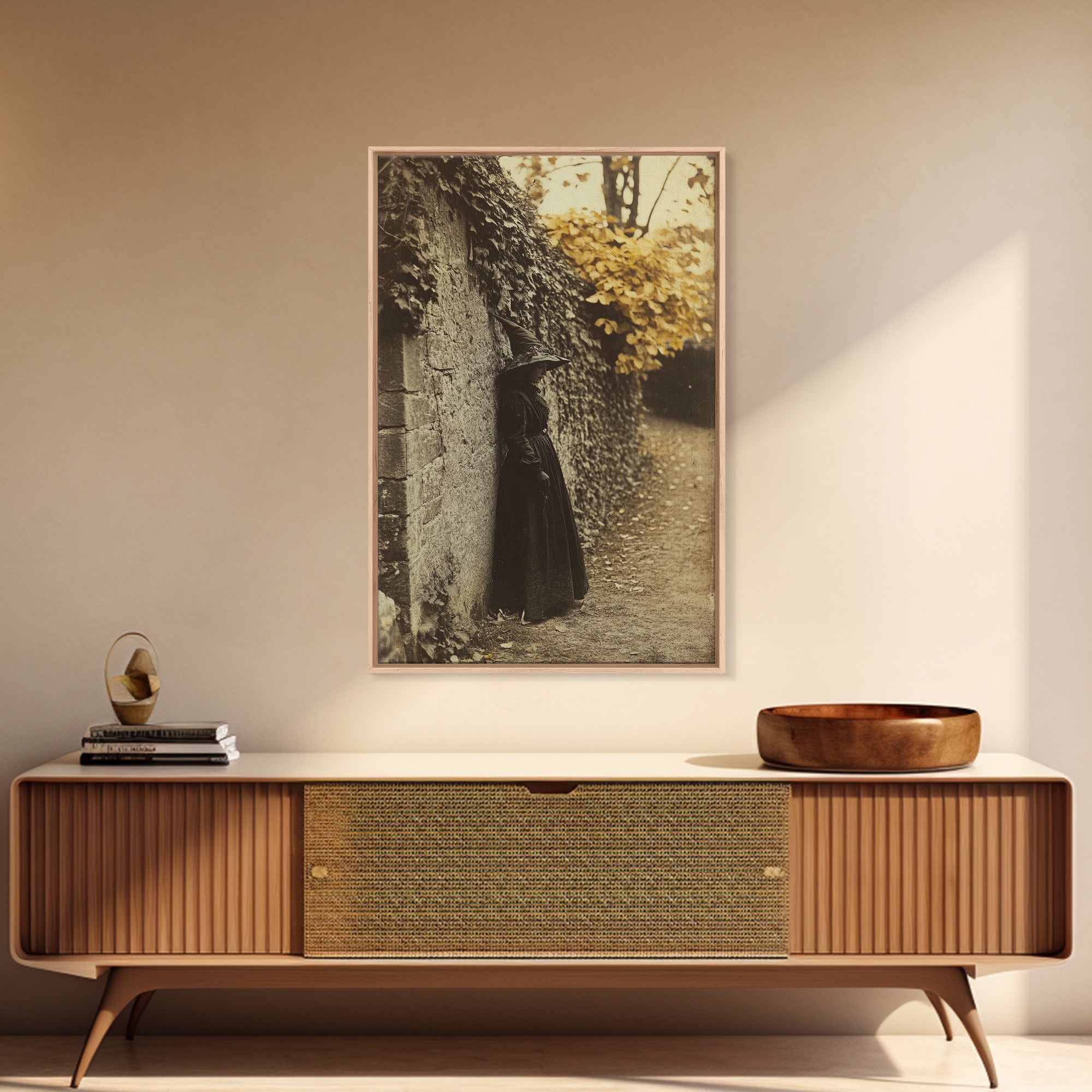 Sad Witch in Autumn Framed Canvas Print