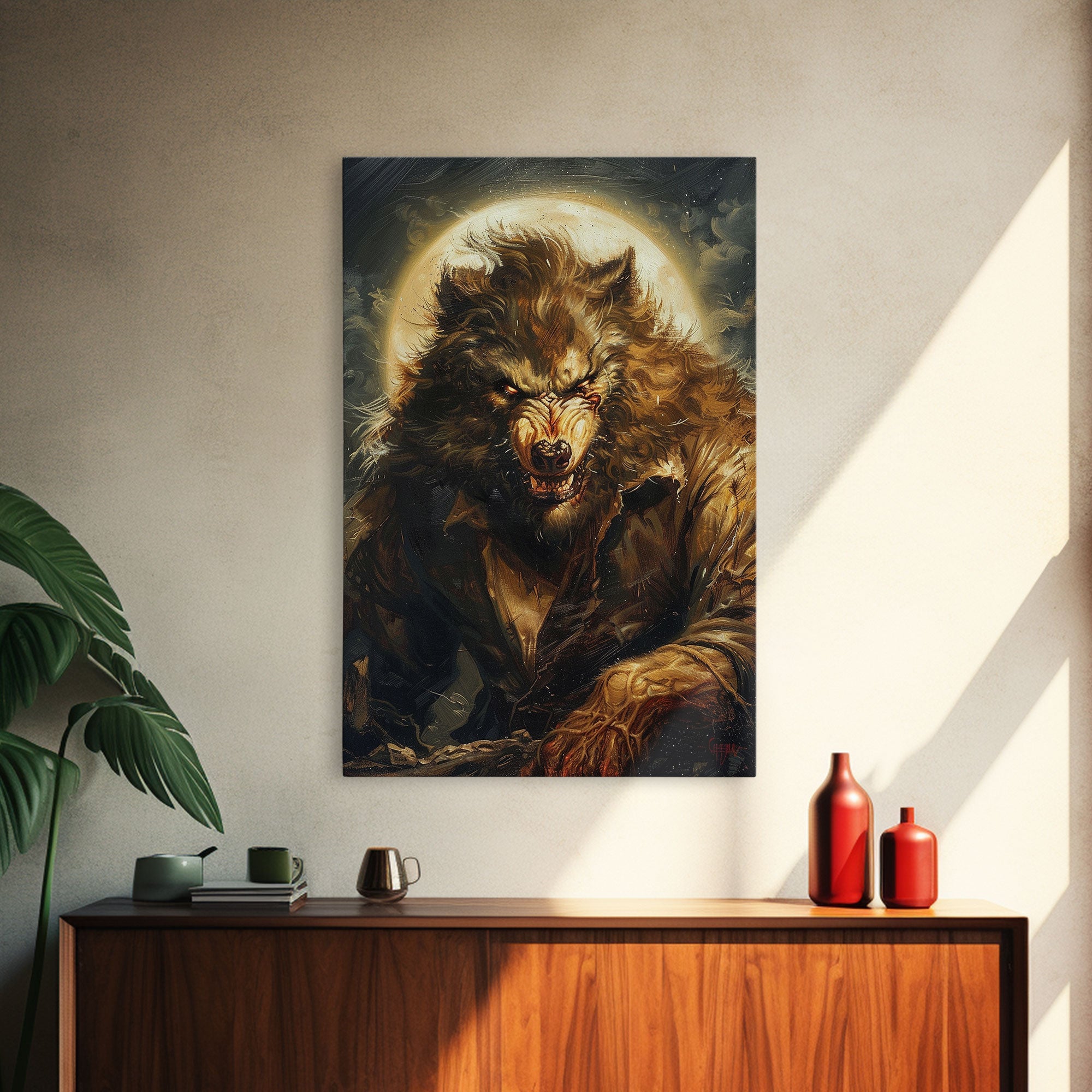 Werewolf Under Full Moon — Framed Halloween Canvas Print