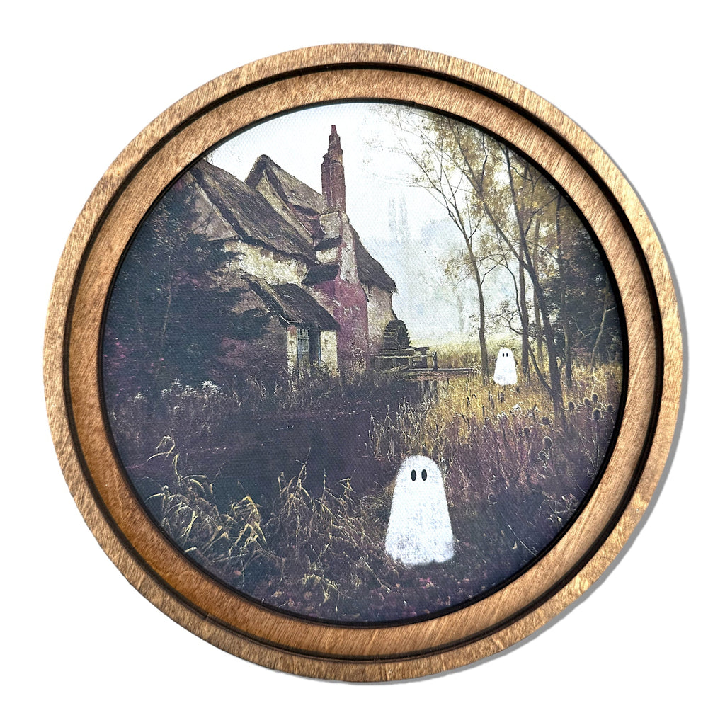 Ghost Cottage Round Framed Canvas Art