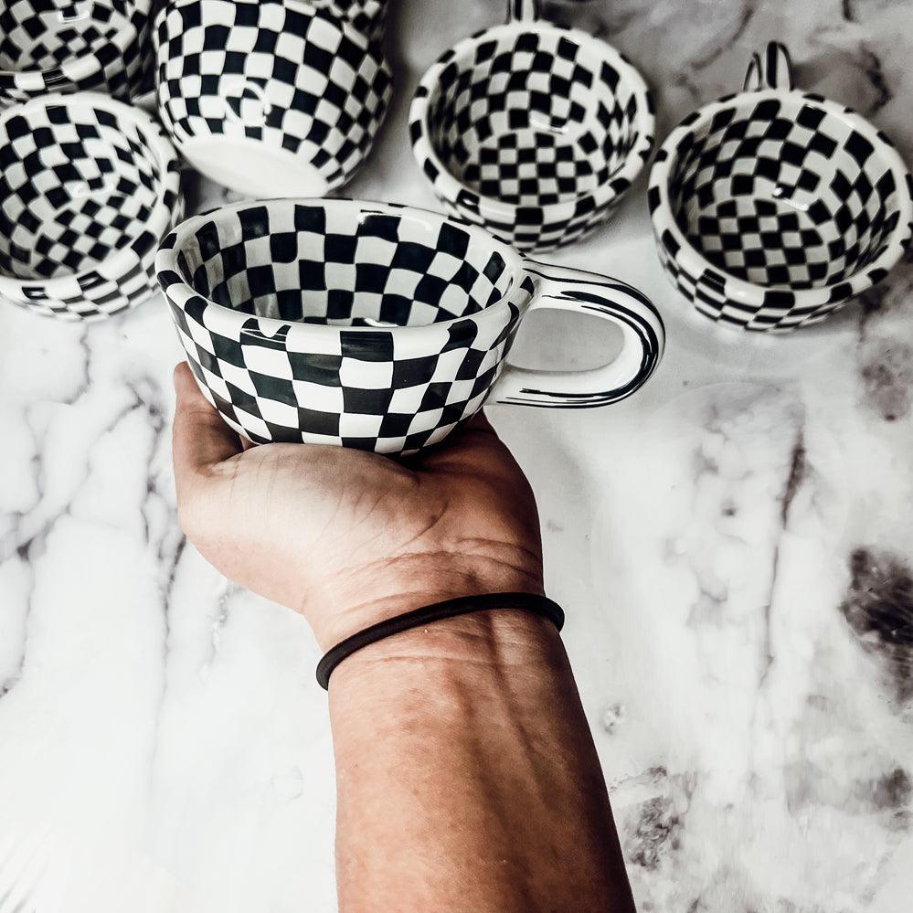 Black & White Checkered Ceramic Mug — Artisan Small Mug