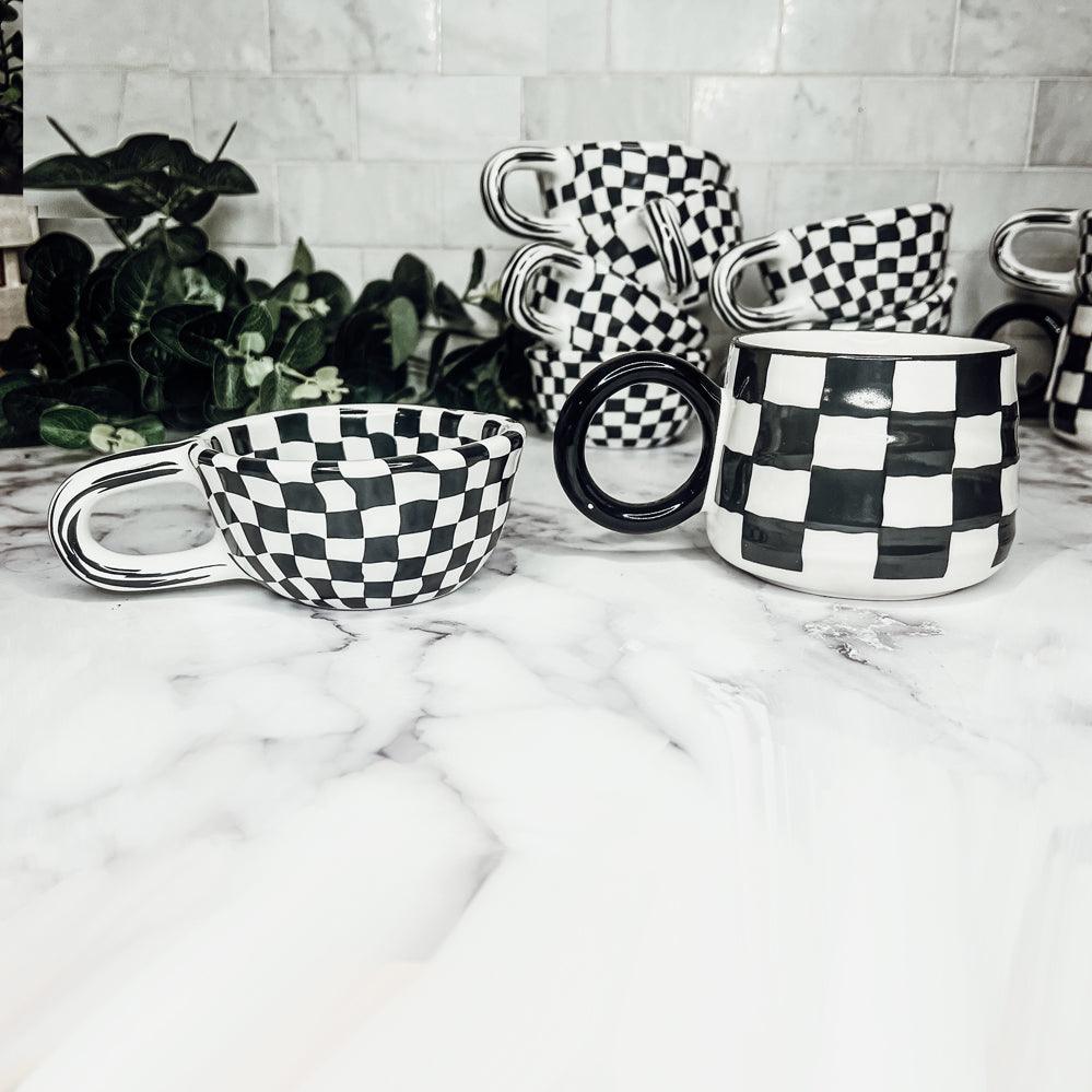 Black & White Checkered Ceramic Mug — Artisan Small Mug