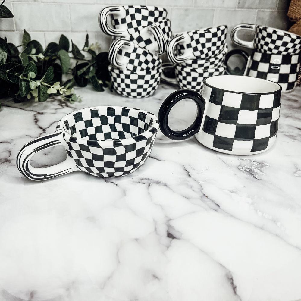 Black & White Checkered Ceramic Mug — Artisan Small Mug