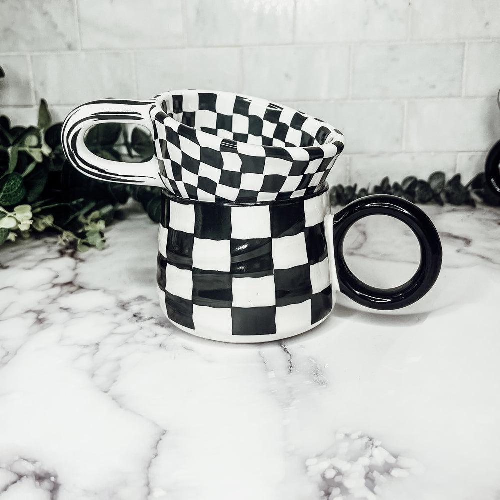 Black & White Checkered Ceramic Mug — Artisan Small Mug