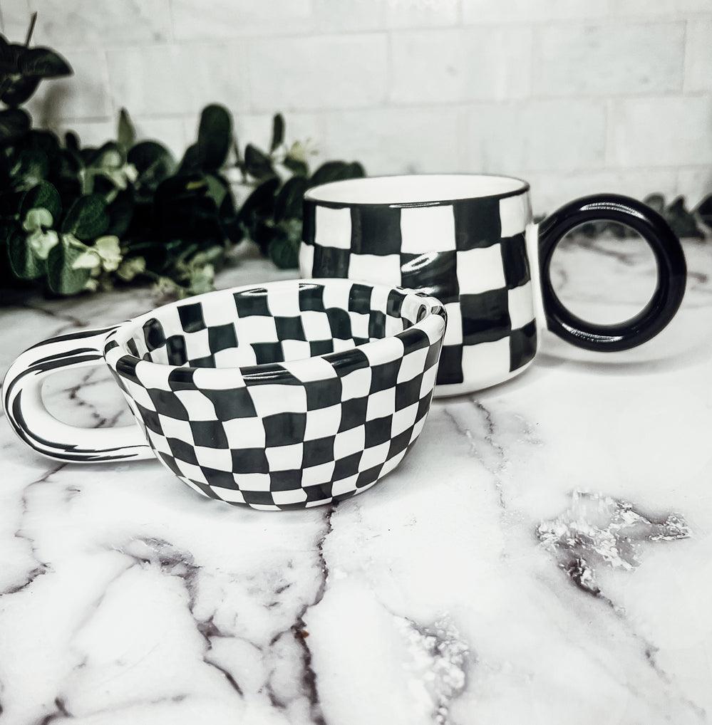 Black & White Checkered Ceramic Mug — Artisan Small Mug