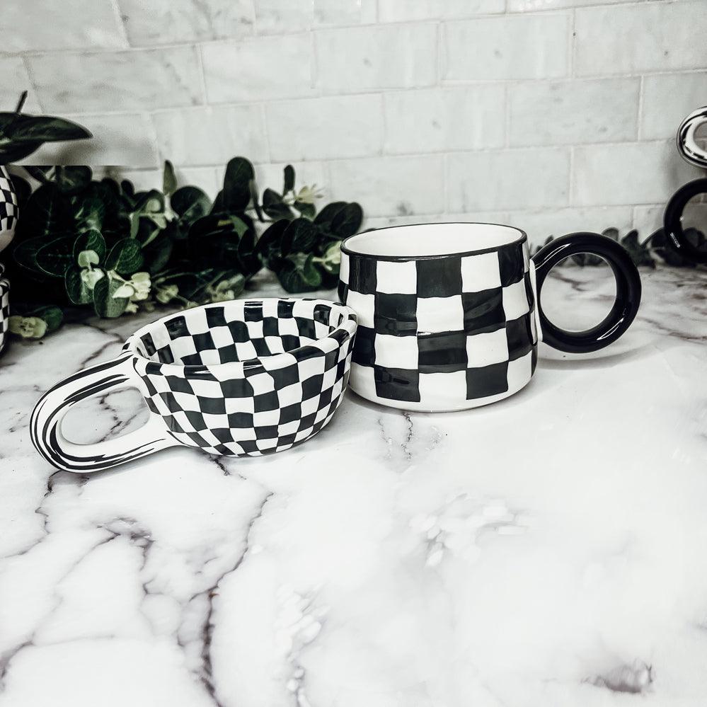 Black & White Checkered Ceramic Mug — Artisan Small Mug