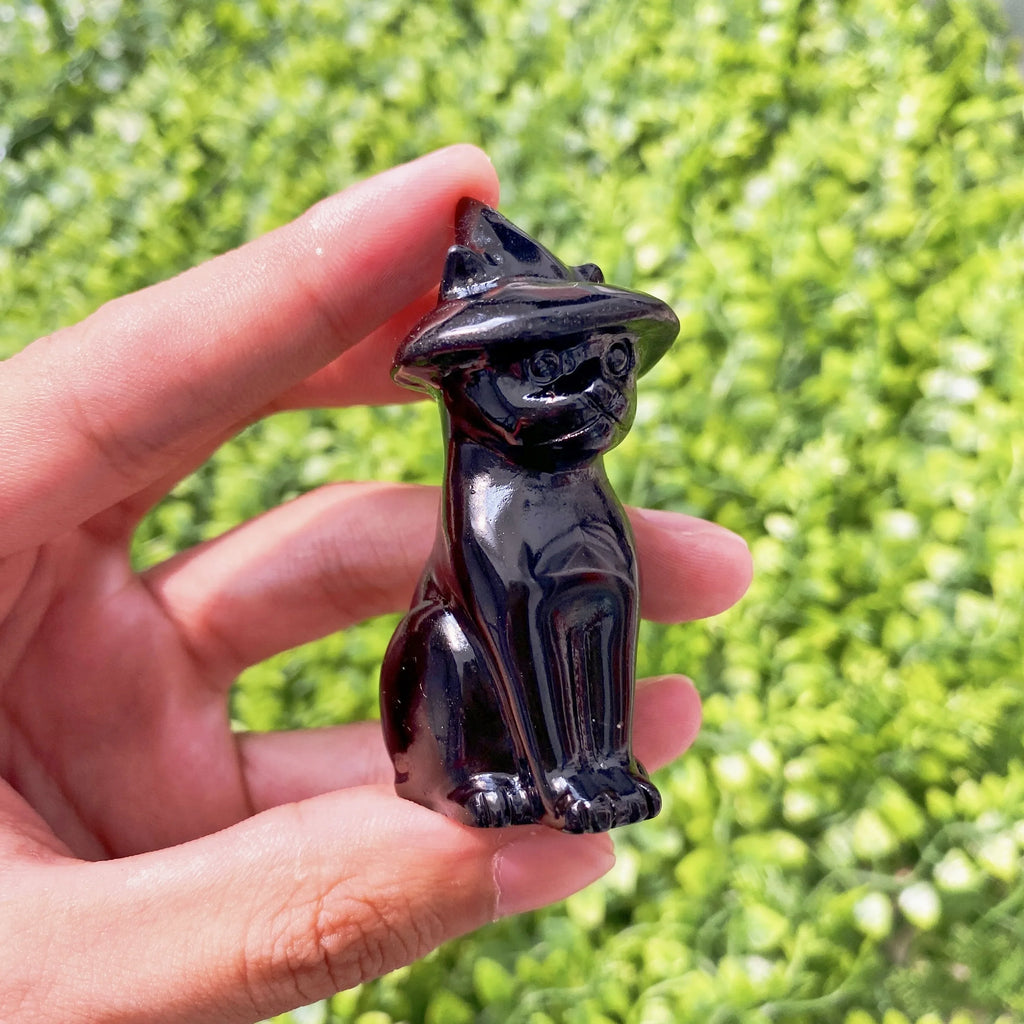 Obsidian Cat Witch Hat Statue