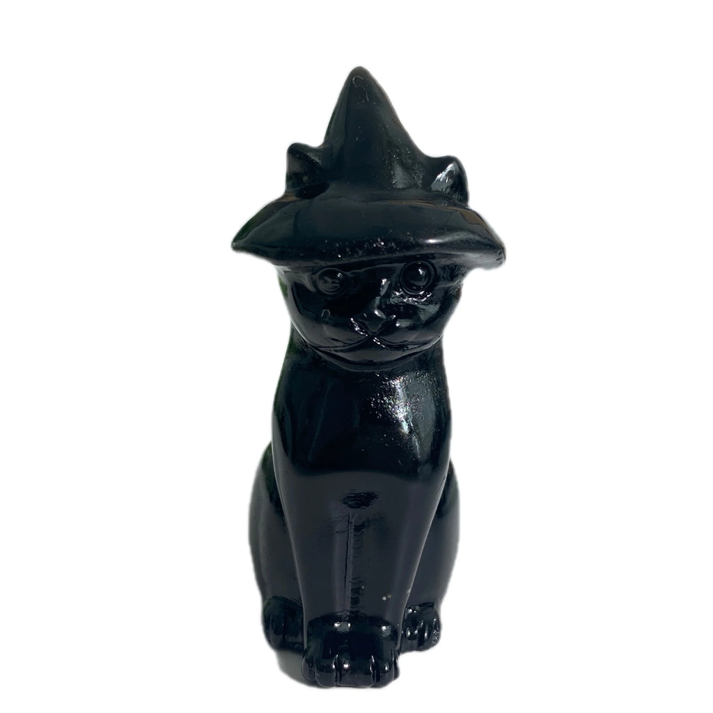 Obsidian Cat Witch Hat Statue