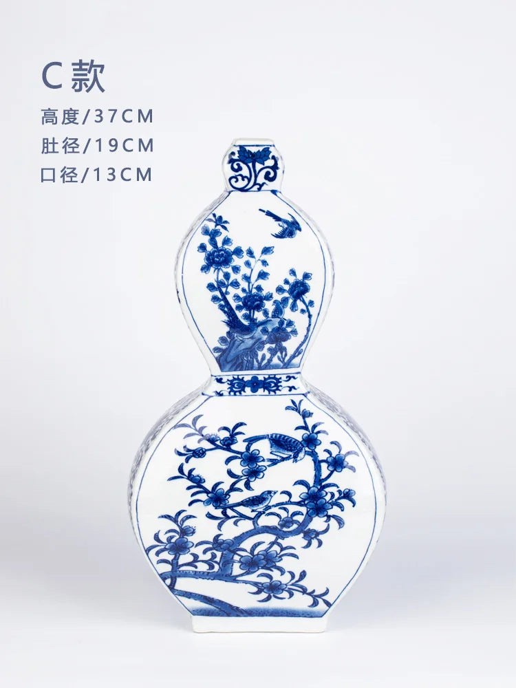 Blue & White Porcelain Flower Bird Vase with Ear Handles – Jingdezhen