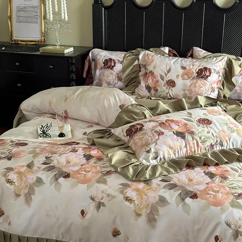 French Vintage Ruffles Bedding Set — 1000TC Egyptian Cotton with Flower Prints