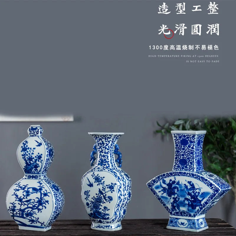 Blue & White Porcelain Flower Bird Vase with Ear Handles – Jingdezhen