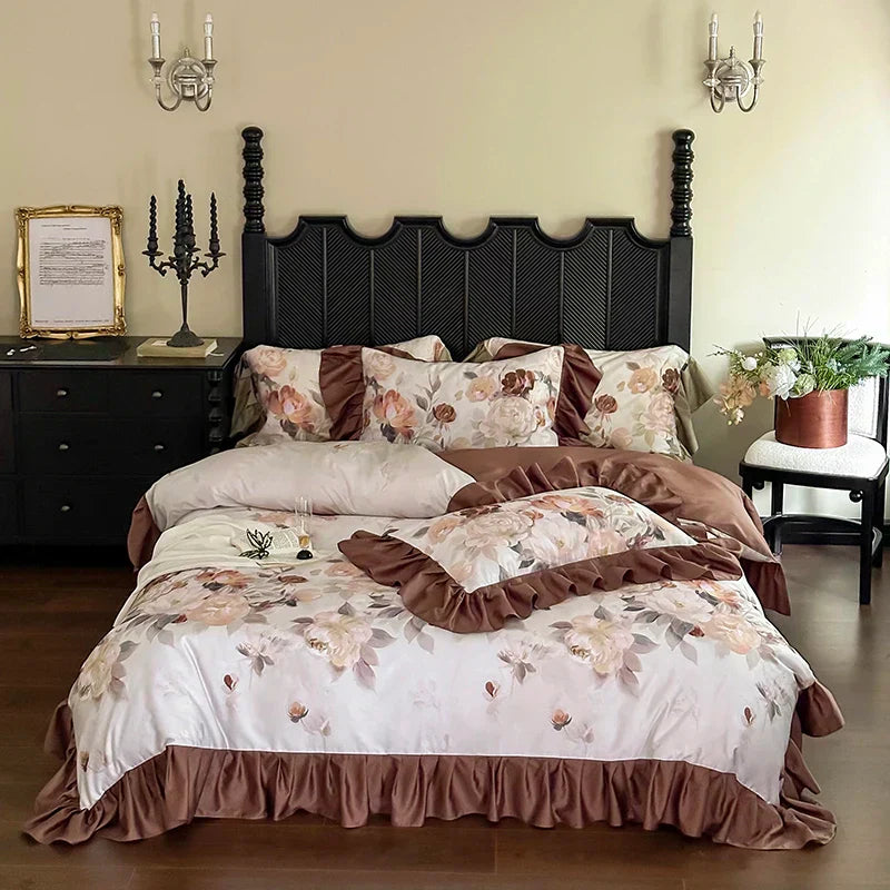 French Vintage Ruffles Bedding Set — 1000TC Egyptian Cotton with Flower Prints