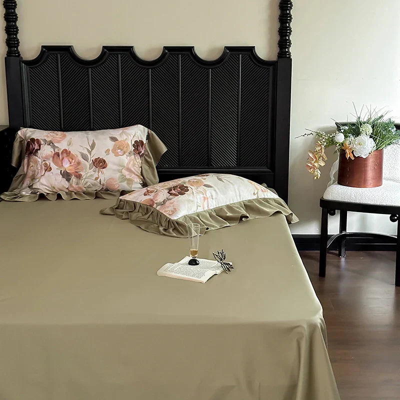 French Vintage Ruffles Bedding Set — 1000TC Egyptian Cotton with Flower Prints