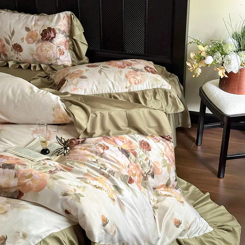 French Vintage Ruffles Bedding Set — 1000TC Egyptian Cotton with Flower Prints