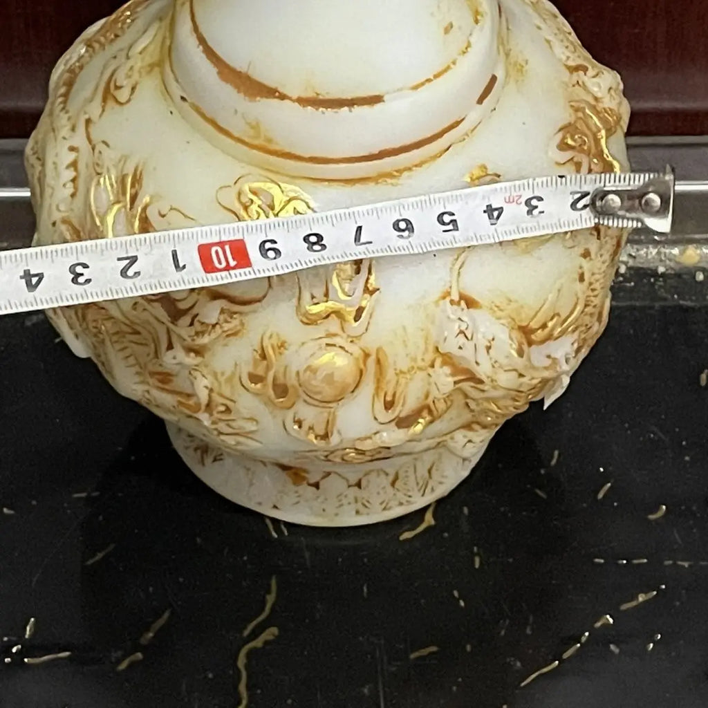 "DecorBites™ White Marble Gold Vase with Ming and Qing Antique Jade Dragons"