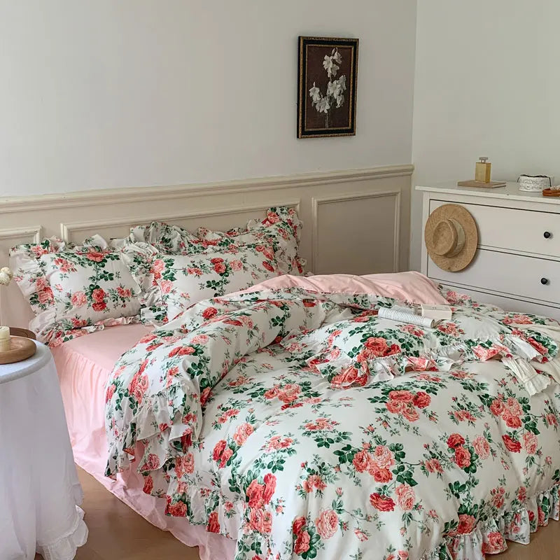 French Vintage Rose Print Bedding Set — 400TC Cotton with Lace Ruffles