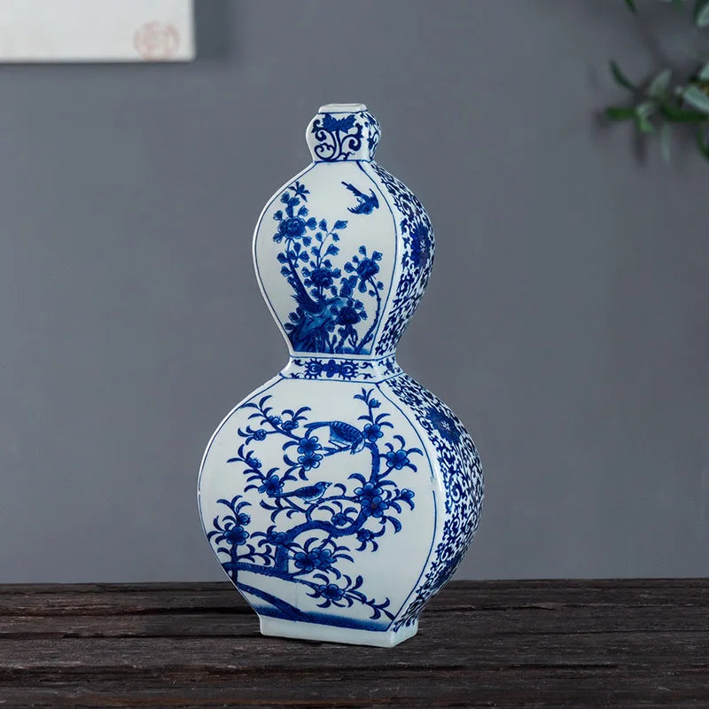 Blue & White Porcelain Flower Bird Vase with Ear Handles – Jingdezhen