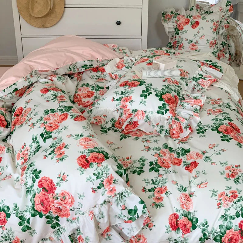 French Vintage Rose Print Bedding Set — 400TC Cotton with Lace Ruffles