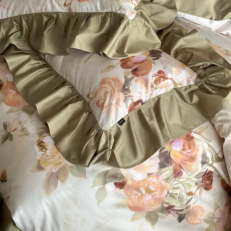 French Vintage Ruffles Bedding Set — 1000TC Egyptian Cotton with Flower Prints
