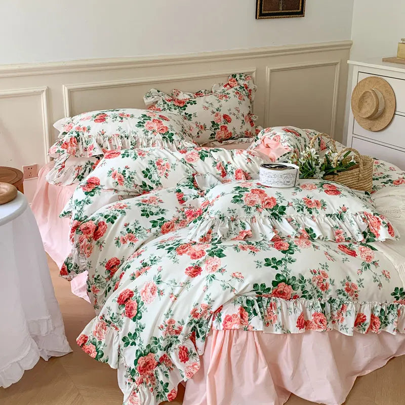 French Vintage Rose Print Bedding Set — 400TC Cotton with Lace Ruffles