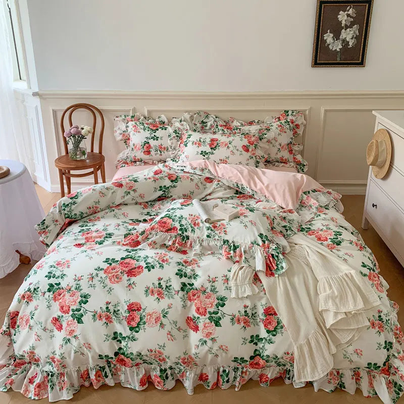 French Vintage Rose Print Bedding Set — 400TC Cotton with Lace Ruffles