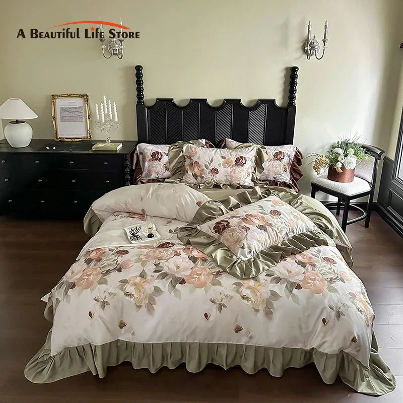 French Vintage Ruffles Bedding Set — 1000TC Egyptian Cotton with Flower Prints
