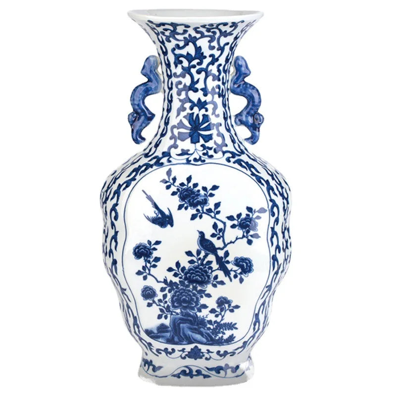 Blue & White Porcelain Flower Bird Vase with Ear Handles – Jingdezhen