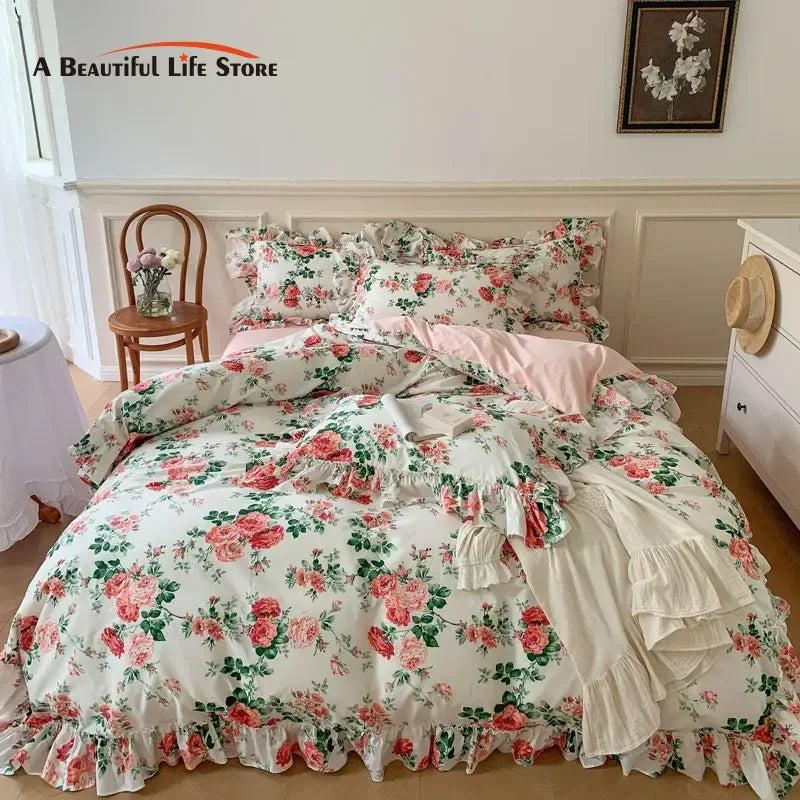 French Vintage Rose Print Bedding Set — 400TC Cotton with Lace Ruffles