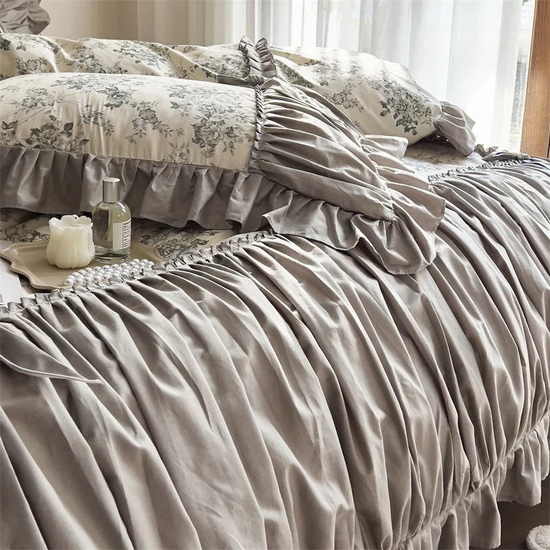 French Vintage Flowers Bedding Set — 400TC Cotton with Lace Ruffles & Pleats