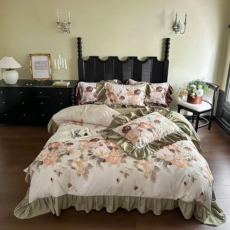 French Vintage Ruffles Bedding Set — 1000TC Egyptian Cotton with Flower Prints