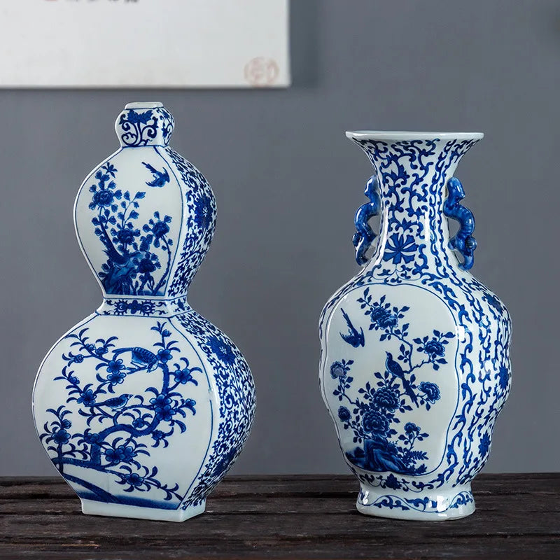 Blue & White Porcelain Flower Bird Vase with Ear Handles – Jingdezhen