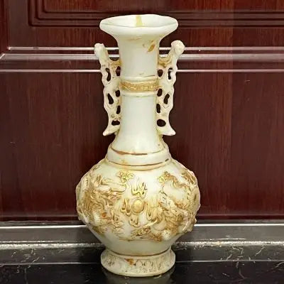 "DecorBites™ White Marble Gold Vase with Ming and Qing Antique Jade Dragons"