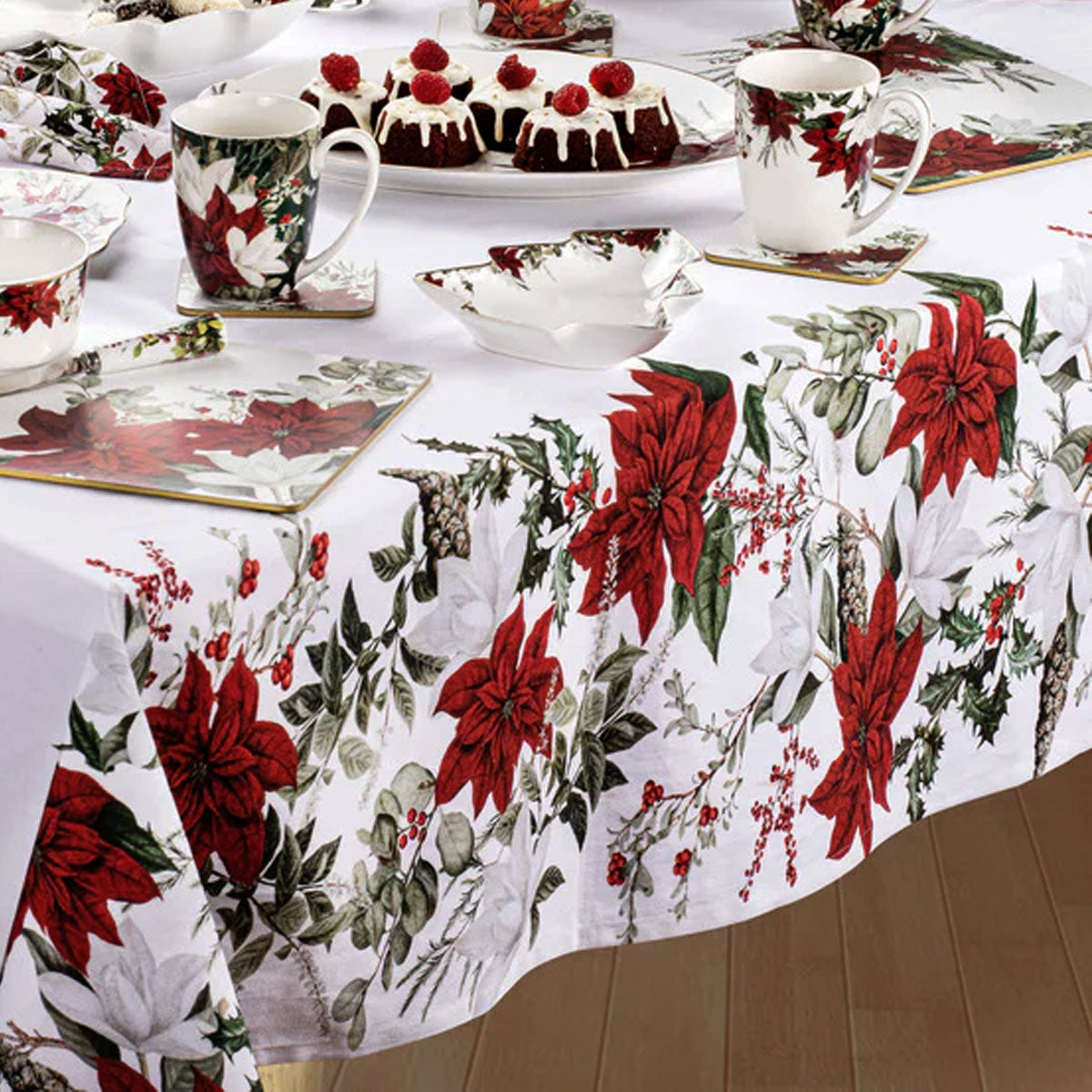 NNEDSZ 100% Cotton Ashdene Poinsettia Festive Christmas Holiday Tablecloth 150 x 230 cm